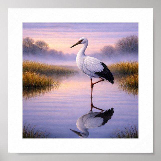 Oriental Stork at Dusk – Japanese Wild Birds Art Poster (Framsidan)