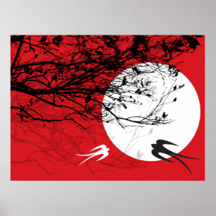 Oriental Sväljer i enkelljusröda Zen Red Poster