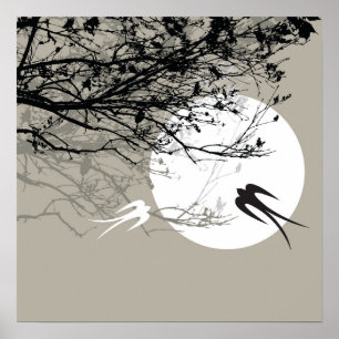 Oriental Sväljer i Moonlight Zen Grått Poster