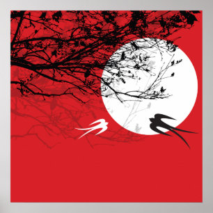 Oriental Sväljer i Moonlight Zen Red Poster