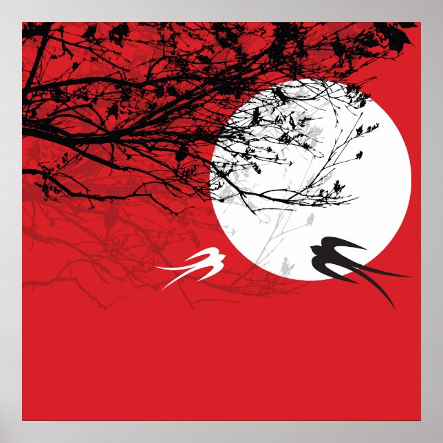 Oriental Sväljer i Moonlight Zen Red Poster (Framsidan)