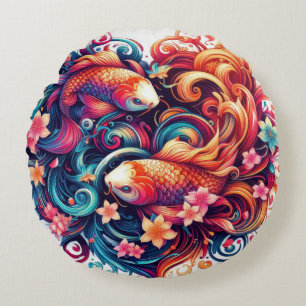 Oriental vibrant abstrakt koi fish and vågar rund kudde