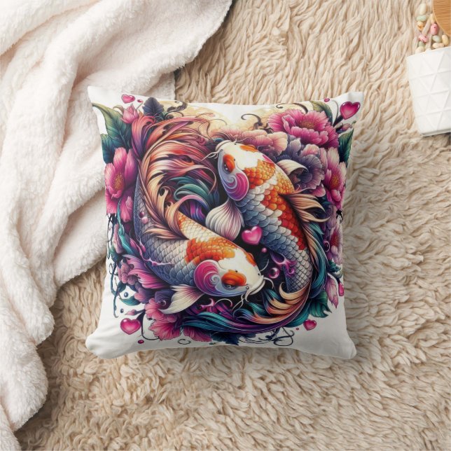 Oriental vibrant abstrakt koi fish vinkar sakura kudde (Filt)