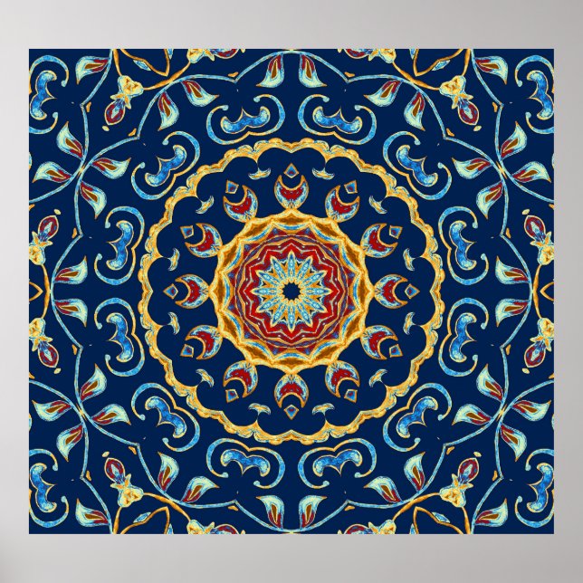 Oriental Watercolor Blommigt Mandala Carpet Poster (Framsidan)