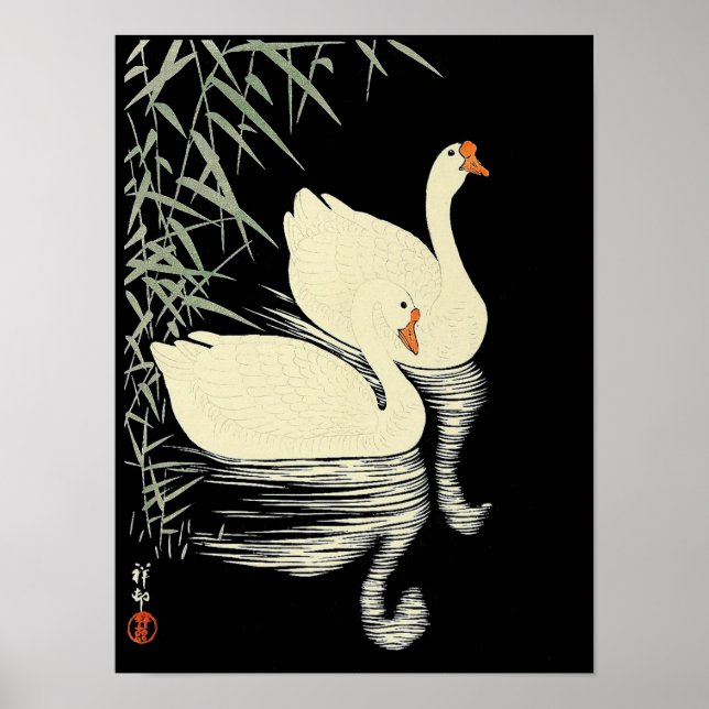 Oriental White Geese by Reeds by Ohara Koson Poster (Framsidan)