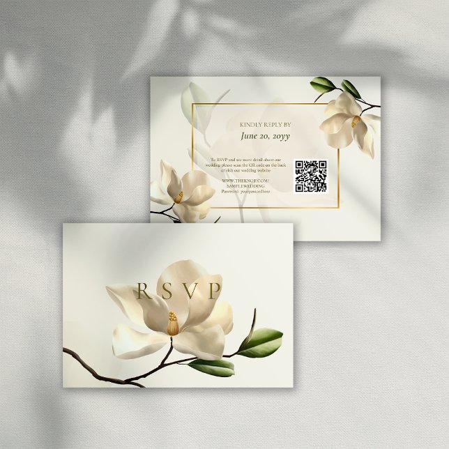 Oriental White Magnolia QR-kodkort, Bröllop OSA Spara Datumet (Oriental White Magnolia QR Code Wedding RSVP Card)