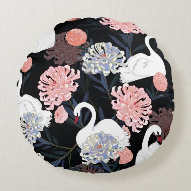 Orientalblommor Svan Mönster Rund Kudde (Framsidan)