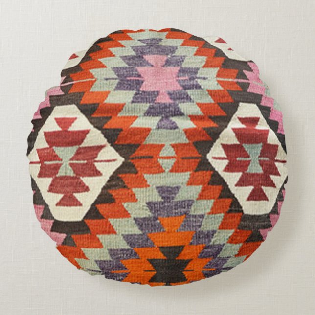 Orientalisk Antik Persisk Turkisk Kilim Matta Rund Kudde (Framsidan)