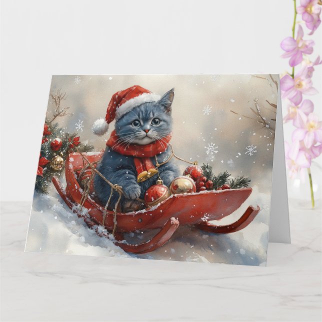 Orientalisk blå katt i släde Låt det snöa jul  Kort (Orkide)