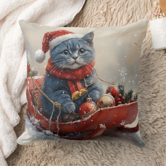 Orientalisk blå katt i släde Låt det snöa jul  Kudde (Filt)