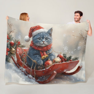 Orientalisk blå katt i släde Snöa ner jul Fleecefilt