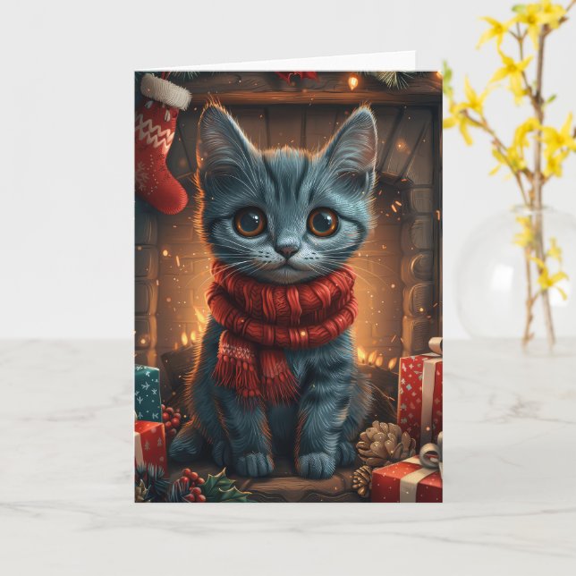 Orientalisk blå katt med julpresentbraskamin kort (Gul blomma)