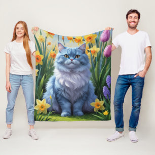 Orientalisk blå katt vårblommor målning fleecefilt