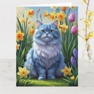 Orientalisk blå katt vårblommor målning kort