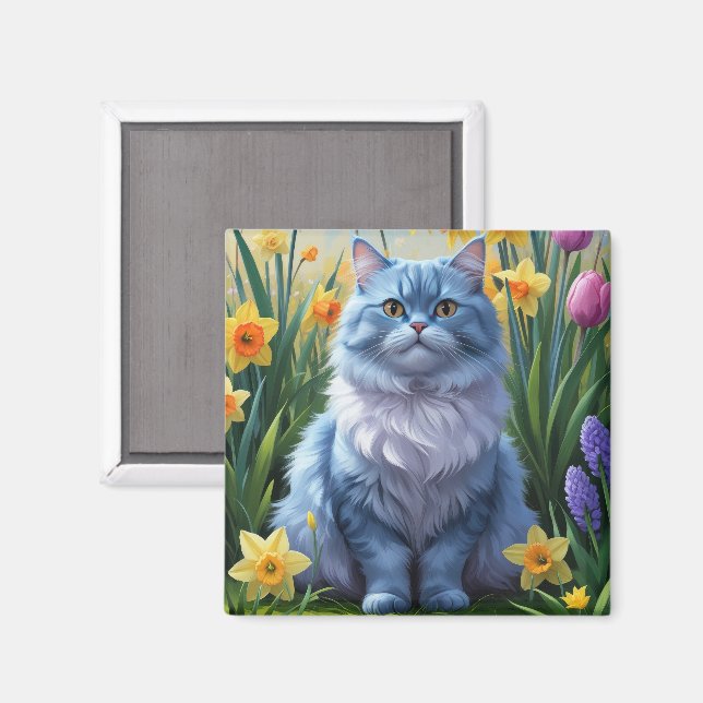 Orientalisk blå katt vårblommor målning  magnet (Front/Back)