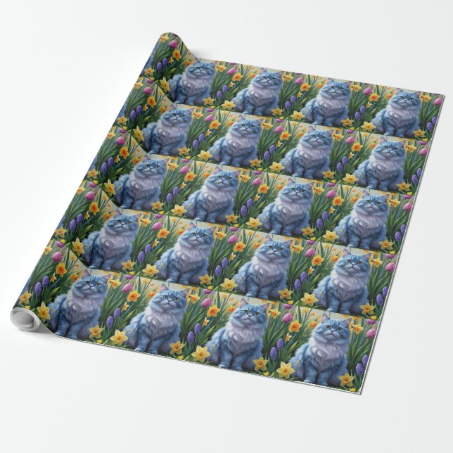 Orientalisk blå katt vårblommor målning  presentpapper (Utrullad)