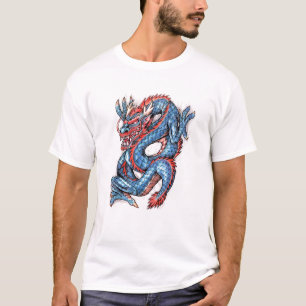Orientalisk draketatuering för kalla blått t shirt