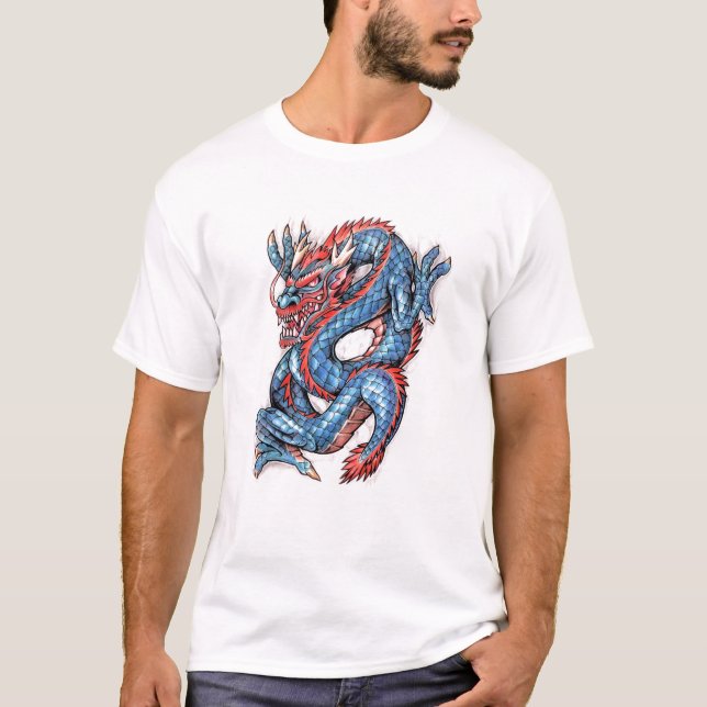 Orientalisk draketatuering för kalla blått t shirt (Framsida)