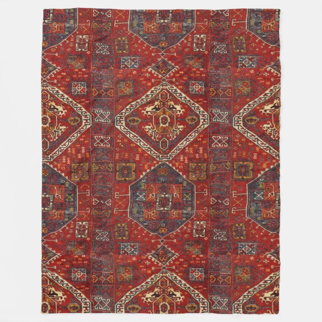 Orientalisk mattadesign i mörk - röd no5 fleecefilt (Framsidan)