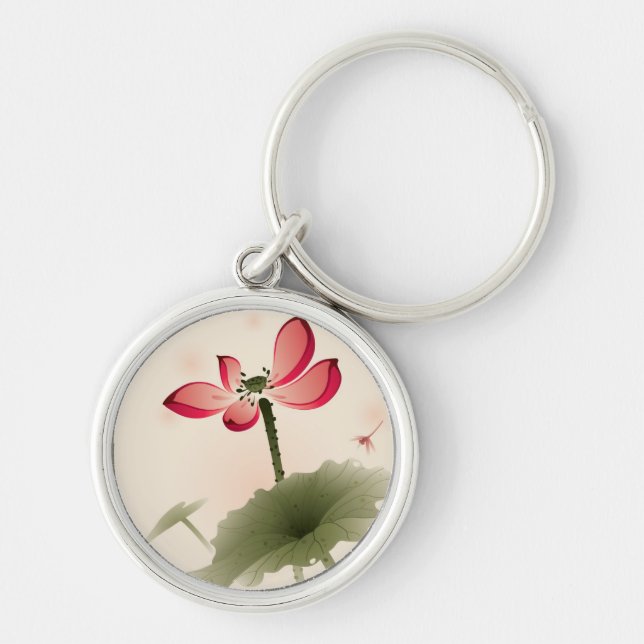 Orientalisk stillotusblomma rund silverfärgad nyckelring (Framsidan)
