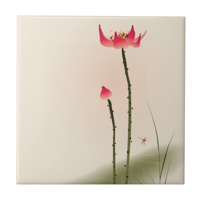 Orientalisk stilmålning, högväxt lotusblomma kakelplatta (Framsidan)