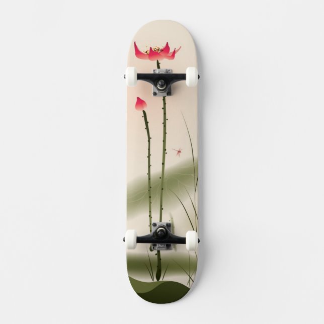 Orientalisk stilmålning, högväxt lotusblomma old school skateboard bräda 18 cm (Framsida)