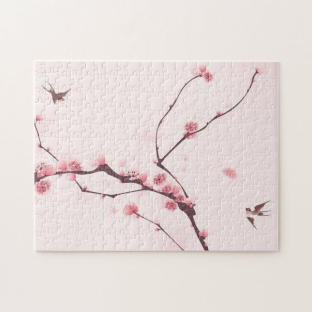 Orientalisk stilmålning, körsbärsröd blommar pussel (Horisontell)