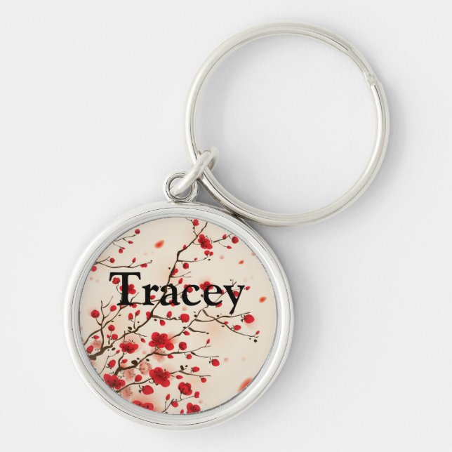 Orientalisk stilmålning, plommonblommar i vår rund silverfärgad nyckelring (Framsidan)