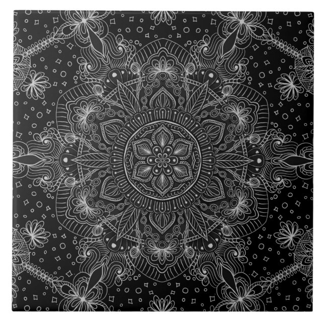 Orientalisk svartvit ZenMandala Kakelplatta (Framsidan)