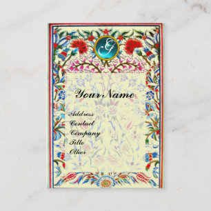 ORIENTALISKA  BLOMMOR DAMASK MONOGRAM Blå Kräm Visitkort