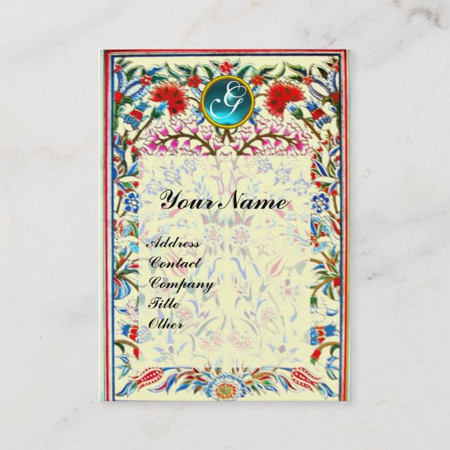 ORIENTALISKA  BLOMMOR DAMASK MONOGRAM Blå Kräm Visitkort (Framsida)