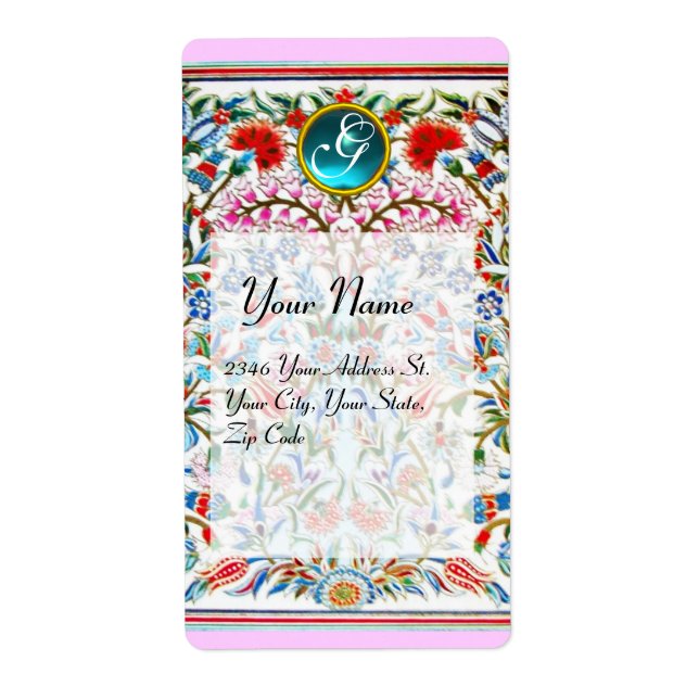 ORIENTALISKA  BLOMMOR DAMASK MONOGRAM Blå Rosa Fraktsedel (Framsidan)