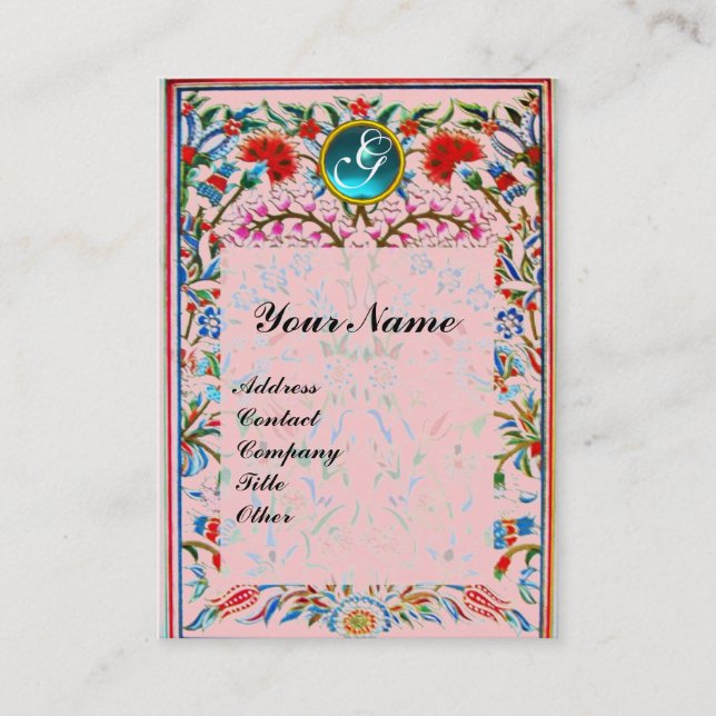 ORIENTALISKA  BLOMMOR DAMAST MONOGRAM Blå Akvamari Visitkort (Framsida)