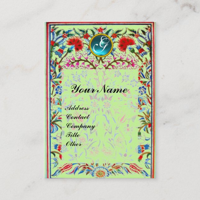 ORIENTALISKA  BLOMMOR DAMAST MONOGRAM Blå Grön Visitkort (Framsida)