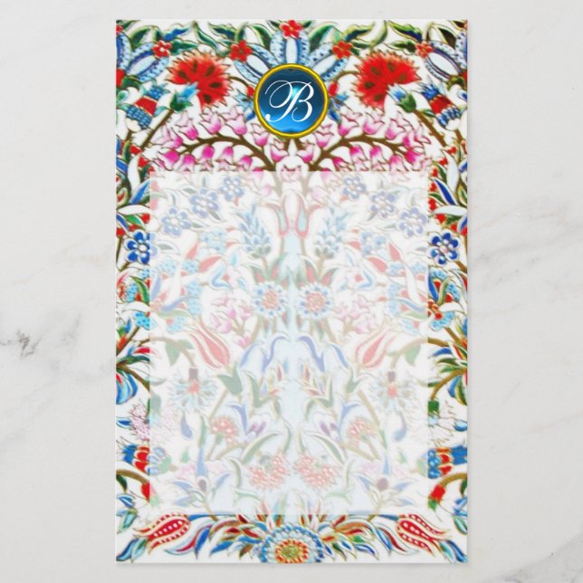 ORIENTALISKA  BLOMMOR DAMAST MONOGRAM Blå Safir Brevpapper (Framsida)