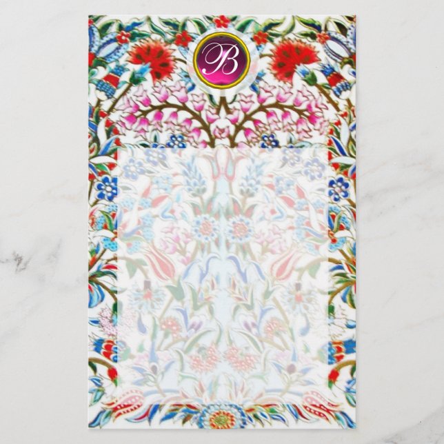 ORIENTALISKA  BLOMMOR DAMAST MONOGRAM Rosa Ametist Brevpapper (Framsida)