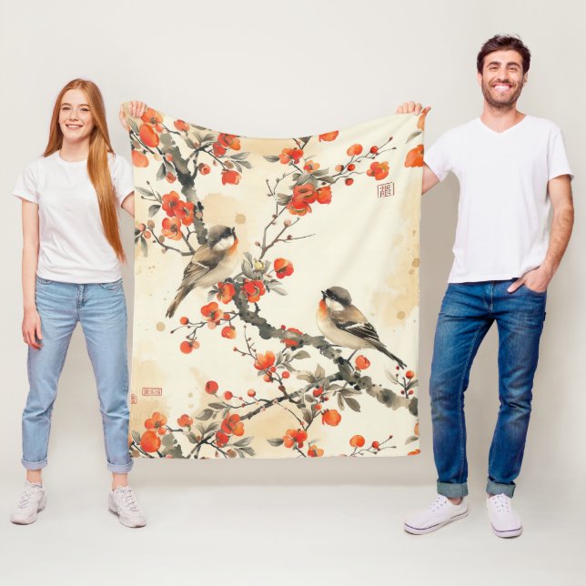 Orientaliska sångfåglar och blomning - Traditionel Fleecefilt (På plats)