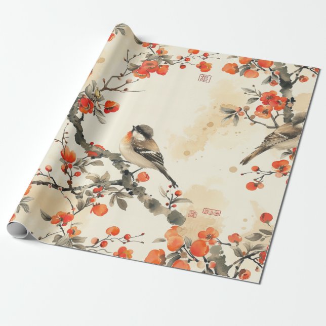 Orientaliska sångfåglar och blomning - Traditionel Presentpapper (Utrullad)