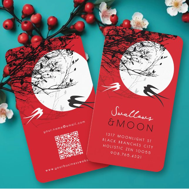 Orientaliska Svalar I Månsken Modern Chic Asiatisk Visitkort (Oriental Swallows In Moonlight Modern Chic Asian Business / Profile Card @ fat_fa_tin)