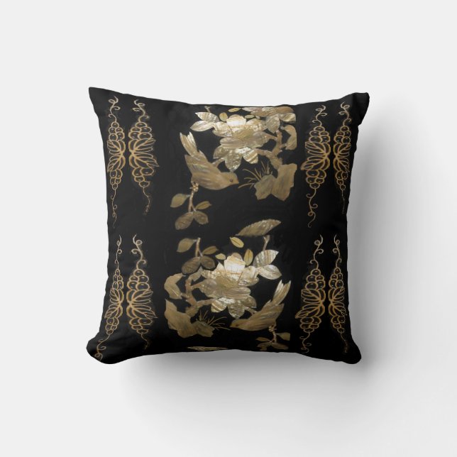 Orientaliska väderkornfåglar på bladguldet kudder kudde (Framsida)