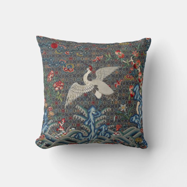 Orientalkinesiska Qing Dynasty Crane och Fladdermu Kudde (Framsida)