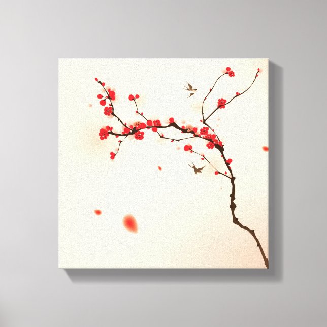 Orientalmålning av stil, plommon blommar i vår 3 canvastryck (Framsida)