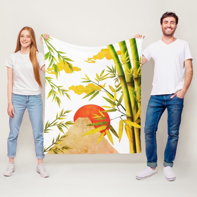 Orientalskt japanskt bergsoluppgång med bambu fleecefilt (På plats)