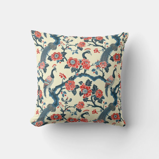 Orientärinspirerad Blommigt och fågelfåglar Kudde (Framsida)