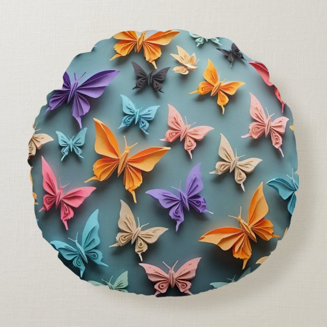 Origami Butterfly Mönster Rund Kudde (Framsidan)