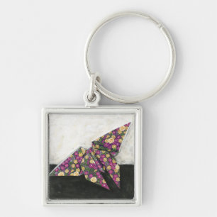 Origami Butterfly på Blommigt Papprare Fyrkantig Silverfärgad Nyckelring
