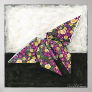Origami Butterfly på Blommigt Papprare Poster