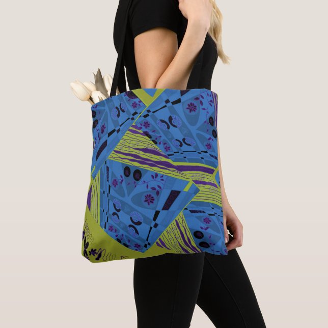 Origami Chintz (L) Blue Indigo Olive Black Tygkasse (Närbild)