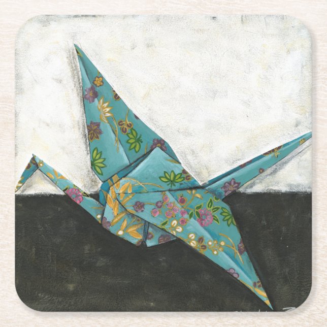 Origami Crane med Blommigt Underlägg Papper Kvadrat (Framsidan)