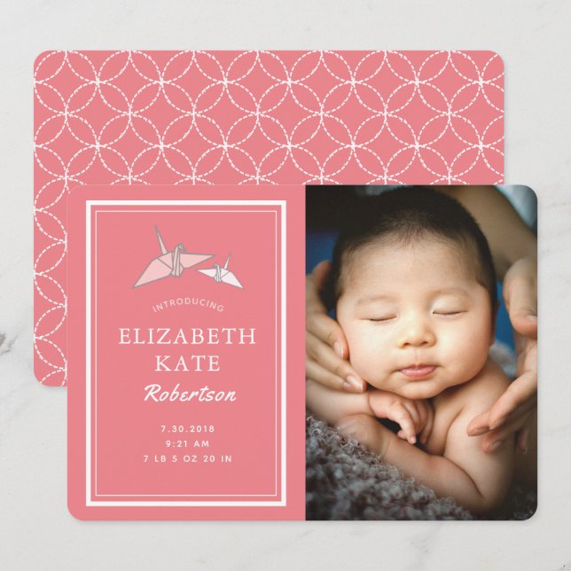 Origami Cranes Photo Rosa Birth Announcement Card Inbjudningar (Fram/baksida)